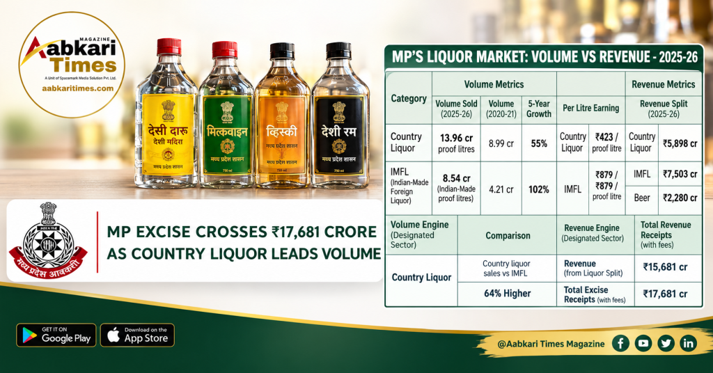 MP Excise Revenue Hits ₹17,681 Crore; Country Liquor Dominates at 13.96 Crore Proof Litres in 2025-26